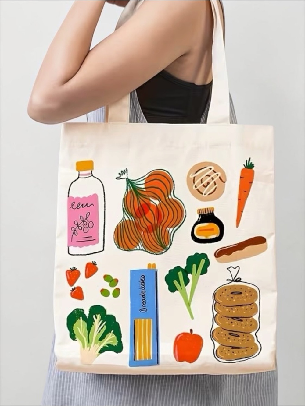 Colorful Food Print Canvas Reusable Farmers Market Bag NWT
